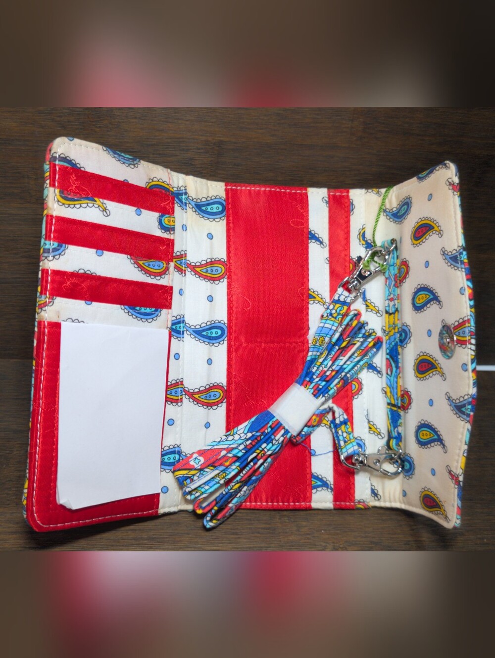 Vera Bradley Blue Red Yellow Teal Paisley Quilted Fold-Over Clutch Strap Wallet - Picture 3 of 6